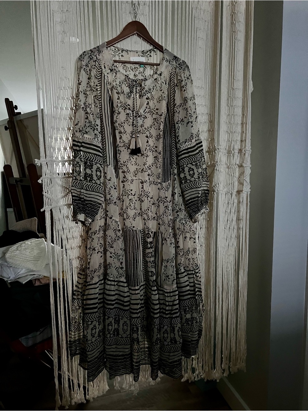 Anthropologie Black and Cream Boho Tassel Maxi Dress with Slip
